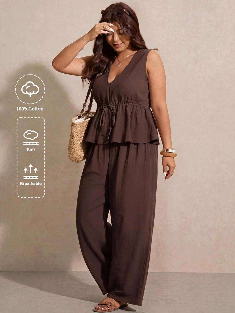 Elaquor Plus Size Women Solid Color Waist Tie Sleeveless Blouse And Wide Leg Pants Casual 2-Piece Set Summer Vacation Going Out Business Two Piece Set Brown - Coffee Brown - View 1