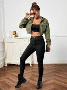 Selenza Flap Pocket Drawstring Hooded Crop Denim Jacket - Army Green - View 3