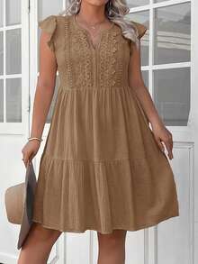 SHEIN LUNE Plus Size Summer Casual Solid Color Lace Patchwork Dress - Brown - View 6