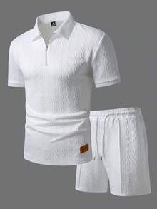 EGENSIO Men's Knitted Jacquard Solid Color Textured Pure White Collar & Cuffs Flat Knit Zipper Denim White Rope Polo Set - White - View 3