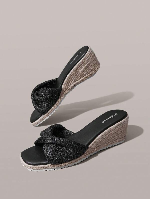 Styleloop Women's Hemp Rope Straw Woven Wedge Heel Black Woven Women's Wedge Heel Sandals Slippers Hemp Rope Shoes Bomisian Style Music Festival Suitable For Go