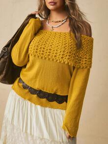Freevana Plus Size Women's Off-Shoulder Long Sleeve Solid Color Fashion Sweater Fall - Yellow - View 6