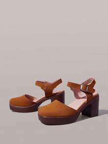 Styleloop Back Strap Thick Heel Sandals Women, Round Toe High Heels, Retro Versatile Commuter Toe Guards Women's Shoes - Brown - View 3