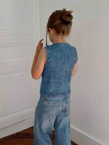 Hapijoa V-ringad västliknande kort denimtopp för unga flickor - Mörktvätt - Visa 2