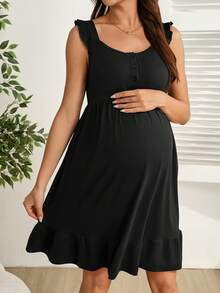SHEIN 孕婦純色後背單排鈕扣哺乳洋裝 - 黑色 - 查看 2