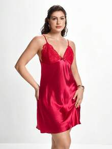 Slumbrini Plus Size Women Lace Deep V-Neck Backless Sexy Bodycon Cami Slip Dress Red - Burgundy - View 6