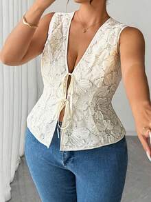GlowEve CURVE Plus Size Floral Sequin Embroidered Mesh Fabric Patchwork Solid Color Fabric V-Neck Sleeveless Cinched Waist A-Line Multi-Layer Tie Front Structure Blouse Elegant Casual Commute Date Party Holiday Blouse - Apricot - View 5