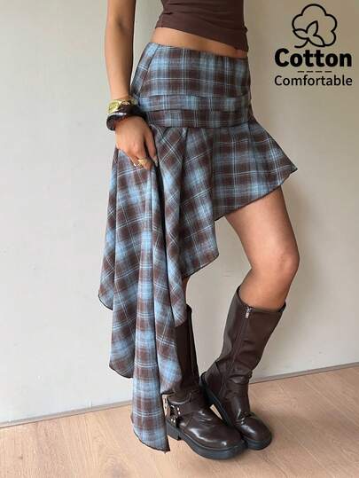 Aloruh Plaid Asymmetric Hem Skirt, Preppy Style, Back To School Season