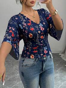 Elenzga Plus Size Elegant V-Neck Printed T-Shirt - Navy Blue - View 1