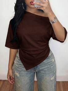 Slaydiva Plus Size Women Solid Color Pleated Casual Versatile Everyday T-Shirt Formal Chocolate Brown Summer - Rust Brown - View 6