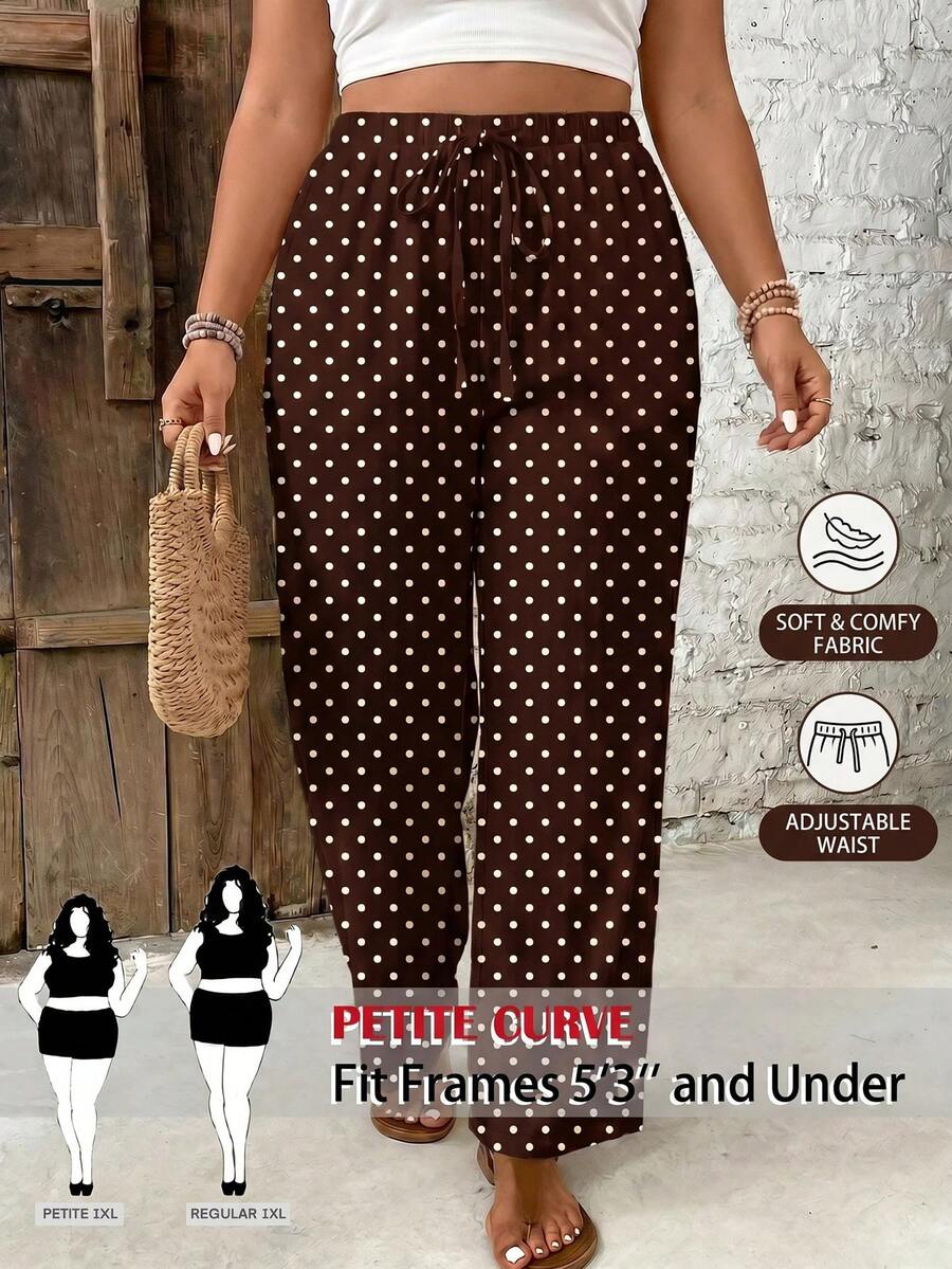 SHEIN PETITE CURVE 大尺碼女款波點圖案腰部繫帶休閒錐形長褲 - 彩色 - 查看 1