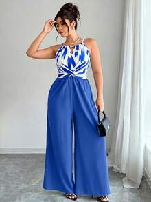 SHEIN LUNE Women's Plus Size Spring/Summer Elegant Wrap Tie Striped Colorblock Loose Straight Leg Jumpsuit - Multicolor - View 5