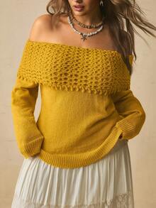 Freevana Plus Size Women's Off-Shoulder Long Sleeve Solid Color Fashion Sweater Fall - Yellow - View 3