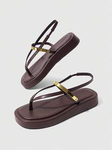 HighSole 女款舒適休閒厚底夾腳涼鞋 綁帶方頭 夏季日常通勤極簡咖啡色厚底涼鞋 - 咖啡棕 - 查看 6