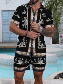 VENTUSAIL Men's Casual Summer Vacation Printed Button-Front Short Sleeve Shirt And Shorts Set, Holiday - Black - View 4