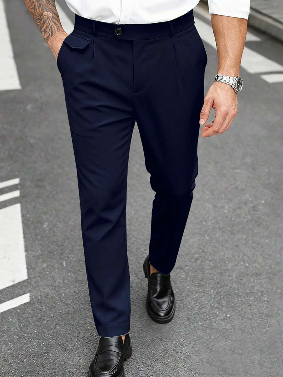 Manfinity Mode Men's Plus Size Solid Color Pocket Casual Versatile Daily Travel Suit Pants - Navy Blue - View 1