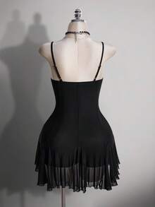 SHEIN ICON 女款大尺碼蕾絲拼接黑色細肩帶洋裝 - 黑色 - 查看 2
