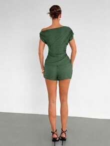 Siren Gaze Women's Summer New Asymmetrical Shoulder Pleated Metal Decor Asymmetric Hem Top And Shorts Set Going Out Party Army Green Elegant Sexy - Green - View 3
