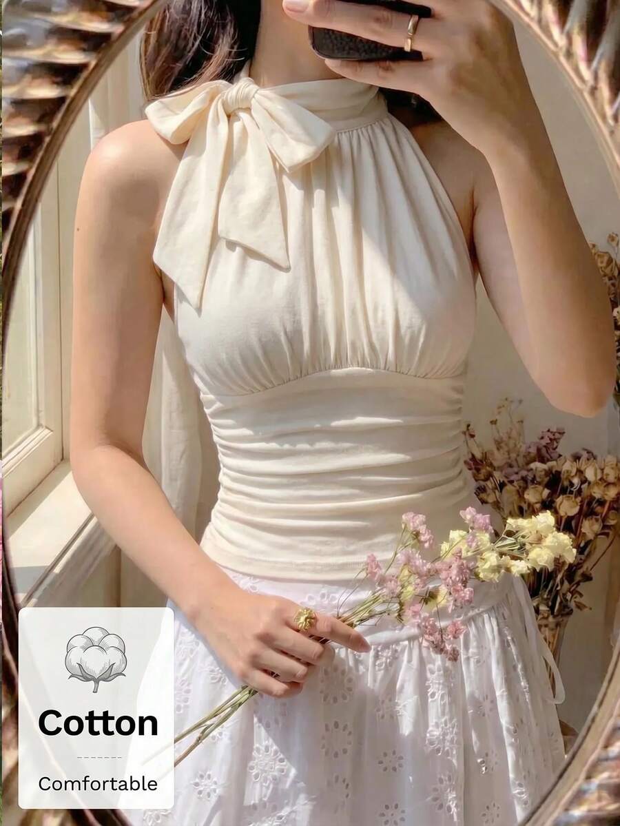 Skyraze 女款棉質無袖時尚修身迷人立領蝴蝶褶皺繫帶杏色上衣,職場女上衣、夜店上衣、專業上衣、奶油色上衣,日常穿搭、度假、野餐、約會、度假穿搭、生日、節日、海灘女裝、外出上衣、下午茶派對,春/夏 - 杏色 - 查看 1