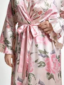 Slumbrini 大码仿丝印花吊带睡裙睡袍套装，舒适优雅细节，秋冬服饰 - 彩色 - 查看 11