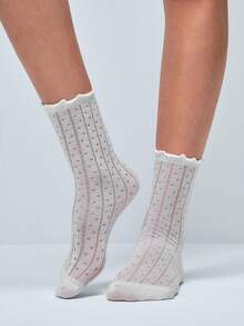 Softvol 1 Pair Polka Dot Ruffle Trim Ankle Socks - Japanese Lace Edge Mid-Calf Socks, Create Versatile School Girl Style - White - View 5
