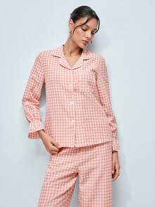 Softvol 波西米亚风印花棉质灯笼袖上衣和裤子女士睡衣套装，秋冬服装 - 粉色 - 查看 6