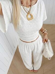 SHEIN EZwear Women's Embroidered Pleated Top And Pants Casual Tropical Tropical European Elegant Daily Vacation Set Brunch Vacation White Summer Vacation - White - View 3