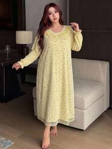 Dazy Plus Contrast Lace Short Sleeve Spring/Summer Ditsy Floral Loose Cute Long Plus Size Women's Loungewear Nightgown - Yellow - View 5