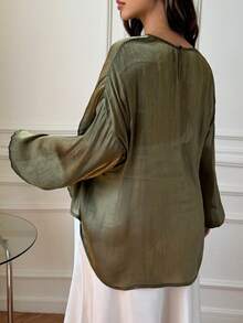 DAZY Chiffon Blouse Solid Color Shawl Design Asymmetrical Hem Elegant Commute Ruffle Waist Long Sleeve Maternity Top - Olive Green - View 2