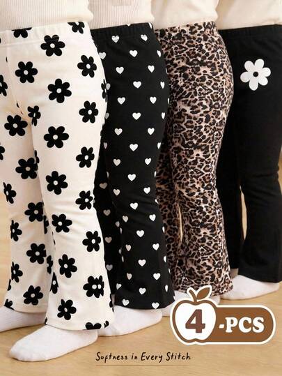 Cozy Pixies Baby Girl Floral Print Elastic Waist Casual Pants 4-Piece Set, Versatile And Comfortable