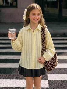 SHEIN Tween Girl Striped Long Sleeve Single-Breasted Casual Loose Shirt - Yellow - View 1