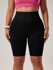 SHEIN Velisys 1pc Plus Size Black Bermuda Knit Seamless Comfortable Elastic Yoga Running Cycling Fitness Outdoor Casual Wear Tight Shorts Suitable For Spring Summer Autumn Winter - Multicolor - View 5