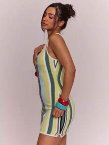 MUSERA Striped Towelling 'Puerto Rico' Bodycon Mini Dress Spring Summer Vacation Holiday Ibiza Boho Elegant - Green - View 3