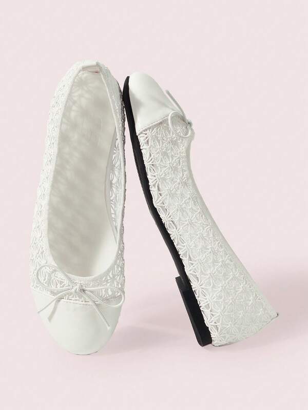CUCCOO DOLLMOD Women's Shoes, White Delicate Lace Ballet Flats, Bow-Tied Round Toe, Elegant Commuting College Style, Daily Breathability And Comfort