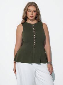 Maija Plus Size Women Solid Color Button Round Neck Sleeveless Knit Top ...