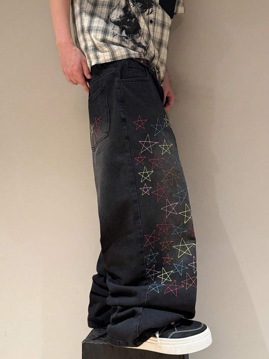 STEELVANCE Street Style Retro Fashion Versatile Embroidered Design Loose Straight Leg Wide Leg Casual Denim Jeans (Belt And Accessories Not Included) - Black - View 1