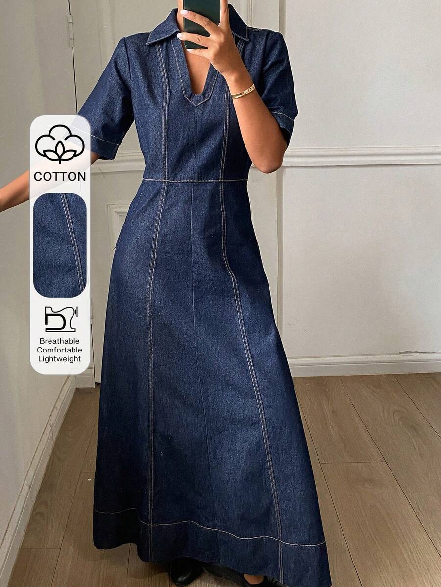 Livesso 女款領口V領短袖純色深藍色棉質收腰修身大裙擺牛仔洋裝 - 深色水洗藍 - 查看 1