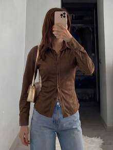 Firerie 女款藍白條紋長袖襯衫，後腰收腰設計，日常通勤襯衫，度假襯衫，收腰條紋襯衫，春夏秋冬通勤服飾，優雅，度假，波西米亞風，工作服 - 咖啡棕 - 查看 7