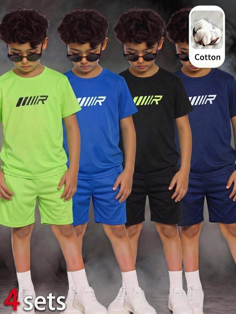 SHEIN 4sets Tween Boys Tween Boy Buy 4 Get 4 Free Casual Solid Color Letter Print Short Sleeve Crew Neck T-Shirt And Shorts Multi-Piece Set, Summer Tops, Summer Shorts, Boys Outfit Kids Set, Suitable For Spring And Summer, Valentines Day, SummerOutfit, Beachweekend, Family Gathering, Back To School Season, Wedding Season, Sports, Birthday Party - Multicolor - View 1