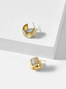 MOTF PREMIUM Anting-anting bergaris berbentuk C berlapis emas 18K mewah, anting-anting desain unik, berkarakter, anting-anting stud serbaguna. - Yellow Gold - View 8