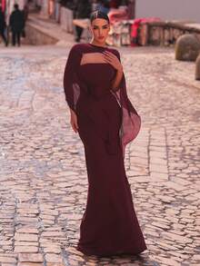Aureia Elegantes luxuriöses Damen-Abendkleid in Ancara-Rot, elastischer Strick- und Chiffon-Patchwork, handgefaltete Taillendekoration, Meerjungfrau-Schleppe - Kaffeebraun - Übersicht 8