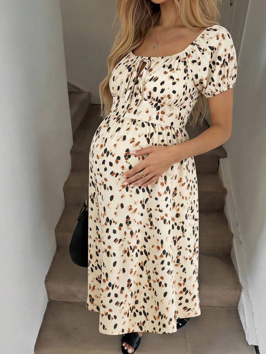 SHEIN Maternity All-Over Print Front Tie Short Sleeve Casual Dress - Multicolor - View 1