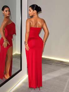 BamGleam Women's Solid Color Hollow Cutout Design Sexy Party Strapless Dress - Red - View 3