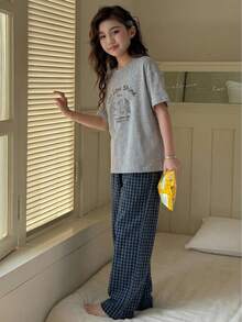 DAZY Tween Girls Crew Neck Printed Short Sleeve T-Shirt + Plaid Pajama Pants Set, Fall Outfit Summer - Dark Grey - View 5