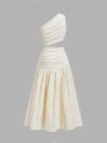 Skyraze Chic Basic Romantic White Textured For Women One Shoulder Ruffled Long Dress Perfect For Summer, Elegant Dress, Vacation - Apricot - View 4