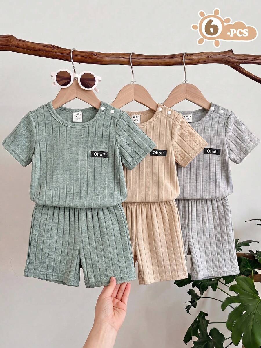 SHEIN 3套男嬰垂直羅紋針織兩件套套裝，柔軟短袖上衣 & 短褲套裝，適合夏季嬰兒休閒套裝，男童套裝，男童服飾，男嬰套裝，兒童針織穿著，家庭套裝