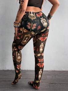 Whyspr Plus Size Women's All-Over Print Casual Versatile Daily Wear Tight-Fitting Leggings With Socks - Multicolor - View 2