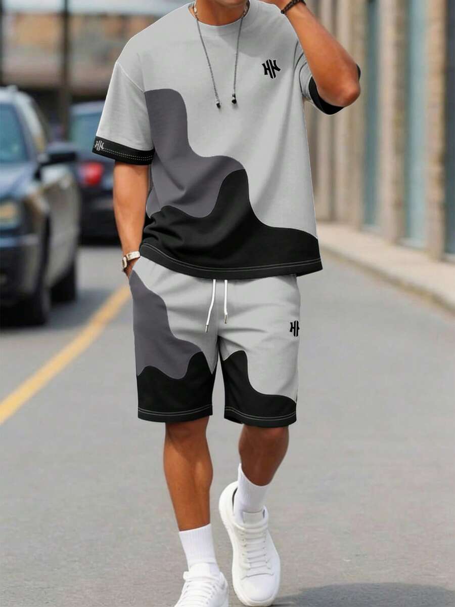 Sorvial Set Kaos dan Celana Pendek Kasual Musim Panas Pria dengan Motif Blok Warna - Grey - View 1