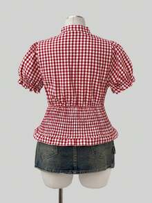 Sunspun Plus Size Women's Plaid Shirred Design Summer Commute Vacation Shirt - Multicolor - View 2