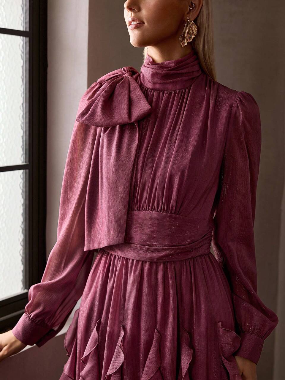 MOTF ELEGANT DESIGN WOMEN'S LONG DRESS WITH RUFFLE HEM, CINCHED WAIST FIT AND BOWKNOT DECOR WEDDING DINNER FORMAL DARK PURPLE AUTUMN
